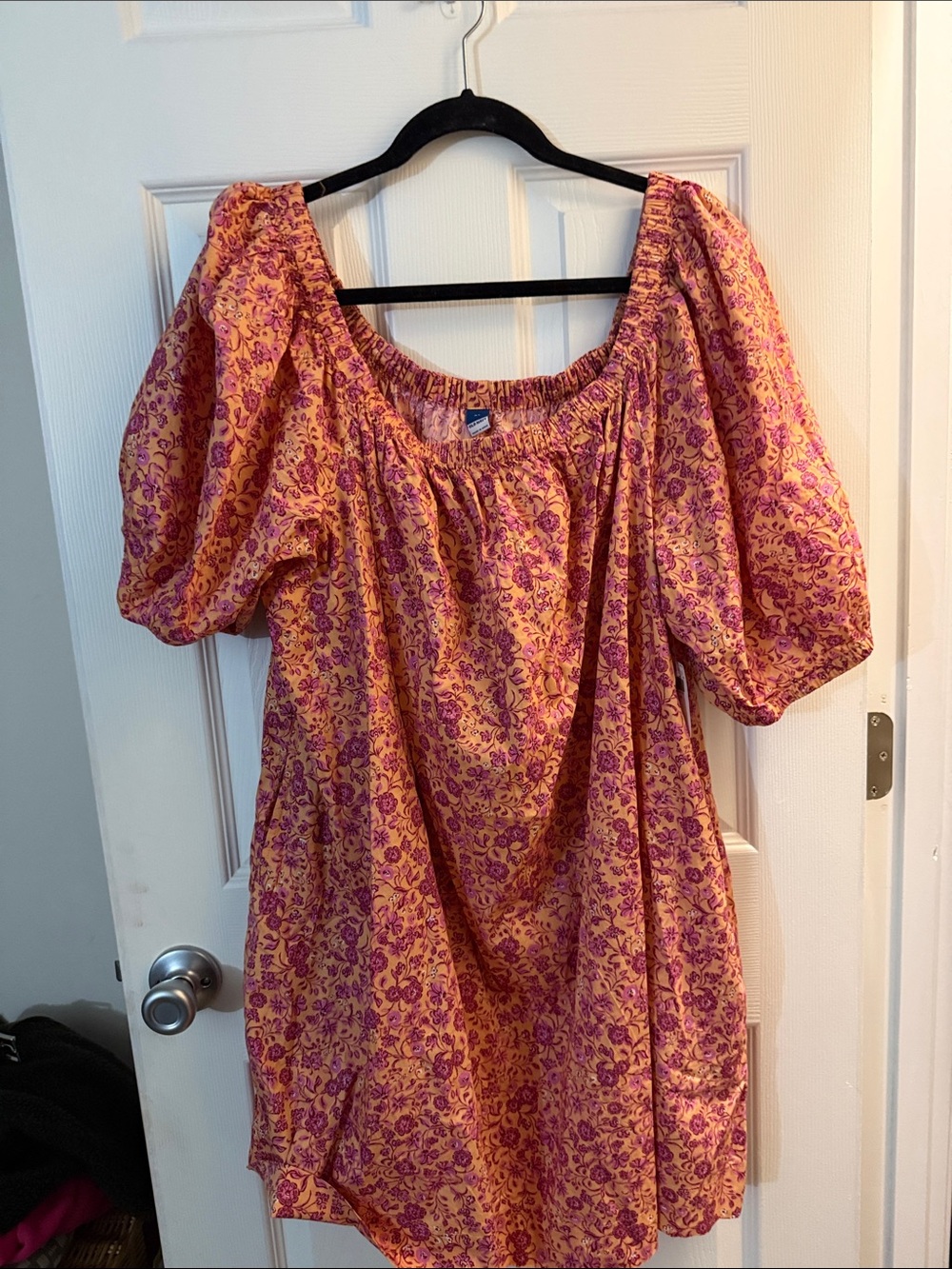 Old Navy Orange Tunic with Pink Floral Print, Puff Sleeves